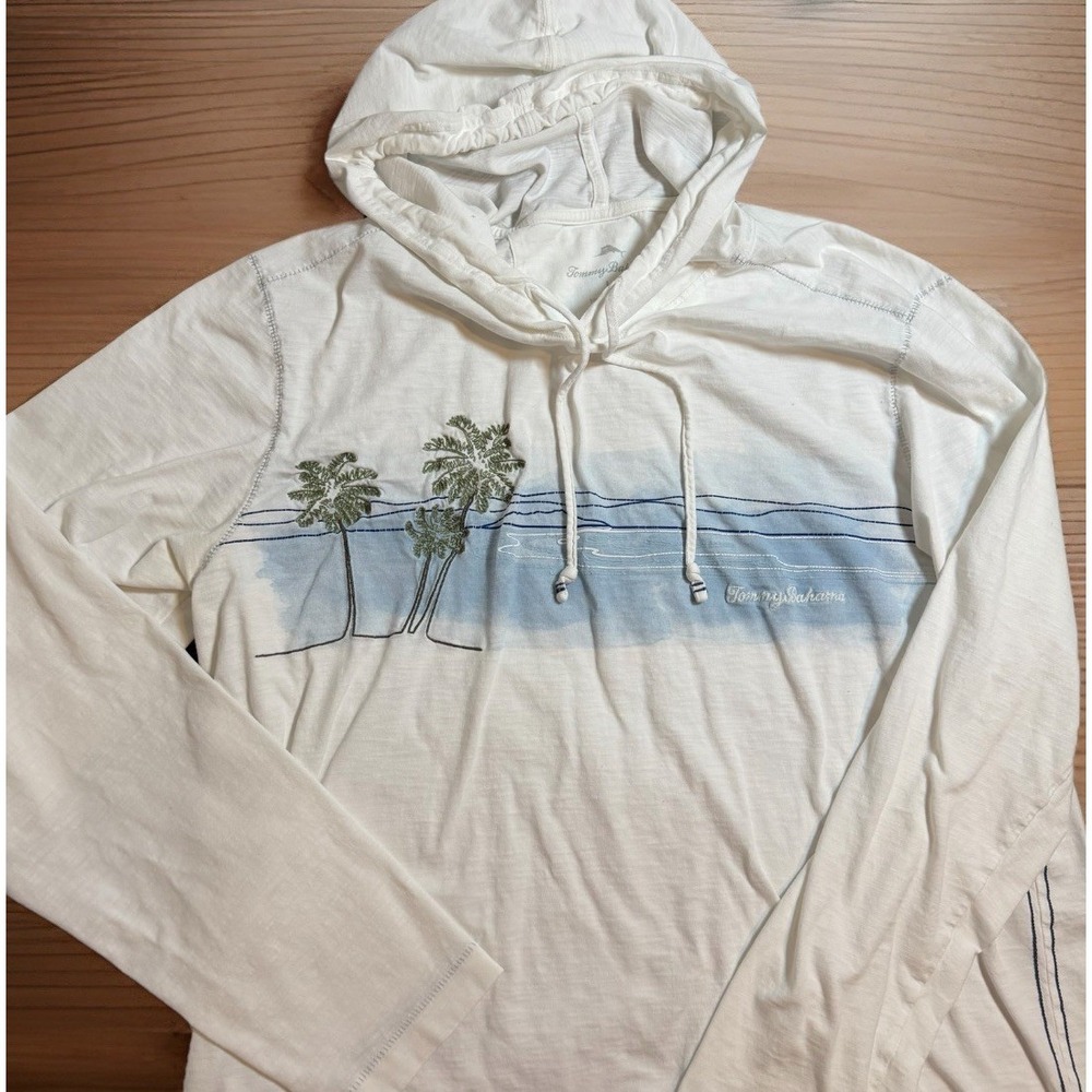 Tommy Bahama Men's Pullover Hoodie White Palm Tree Cotton Long Sleeve Size Large